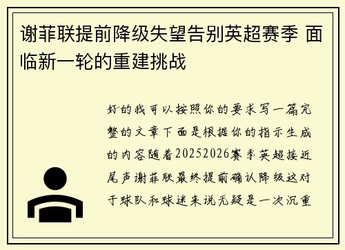 谢菲联提前降级失望告别英超赛季 面临新一轮的重建挑战 谢菲联提前降级失望告别英超赛季 面临新一轮的重建挑战