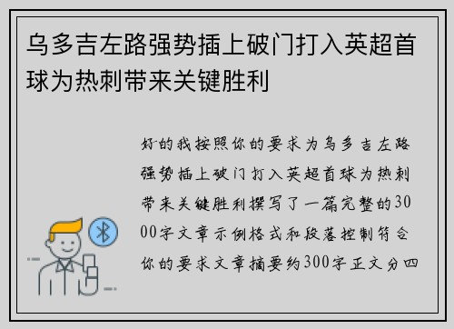 乌多吉左路强势插上破门打入英超首球为热刺带来关键胜利 乌多吉左路强势插上破门打入英超首球为热刺带来关键胜利