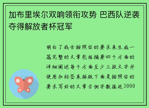 加布里埃尔双响领衔攻势 巴西队逆袭夺得解放者杯冠军 加布里埃尔双响领衔攻势 巴西队逆袭夺得解放者杯冠军