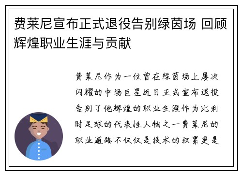 费莱尼宣布正式退役告别绿茵场 回顾辉煌职业生涯与贡献 费莱尼宣布正式退役告别绿茵场 回顾辉煌职业生涯与贡献